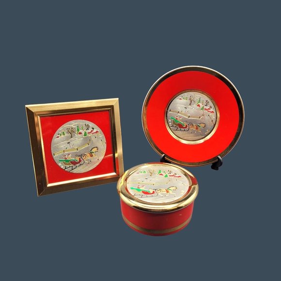 Himark Holidays Set 3 Christmas Chokin 5'' Plaque 6'' Plate Covered Box 1986 - Picture 1 of 13